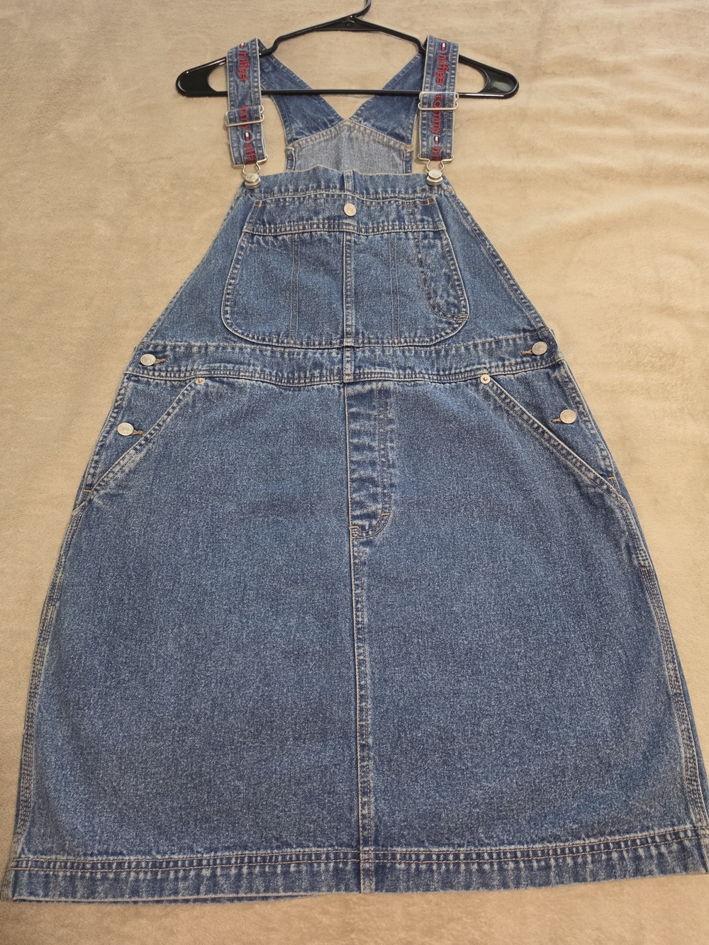 Vintage Tommy Hilfiger Denim Overall Dress Med. Y2K Logo Spellout Strap Blue